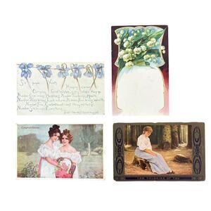 Antique Postcards Women Flowers Nature Lot of 4 Early 1900s Embossed Gilt